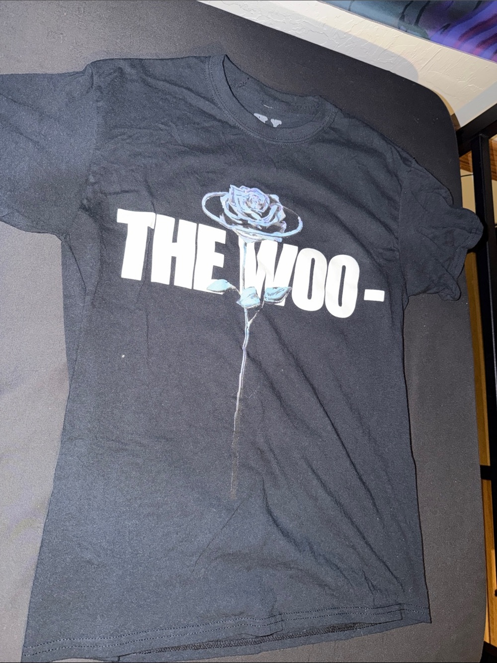 VLONE Black Tee with White Logo and Blue Rose Graphic